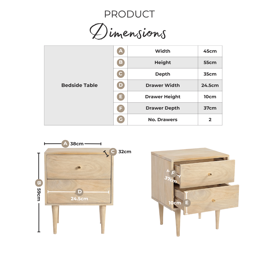 Lima 1 Drawer White Oak Wood Carved Bedside Table