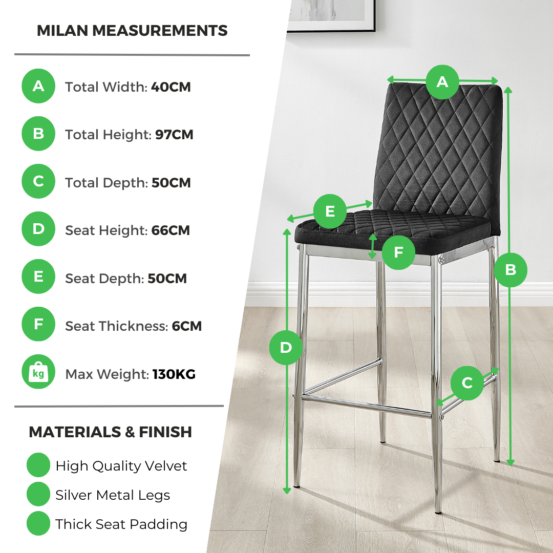 2x Milan Cream Velvet Counter Stools Silver Legs