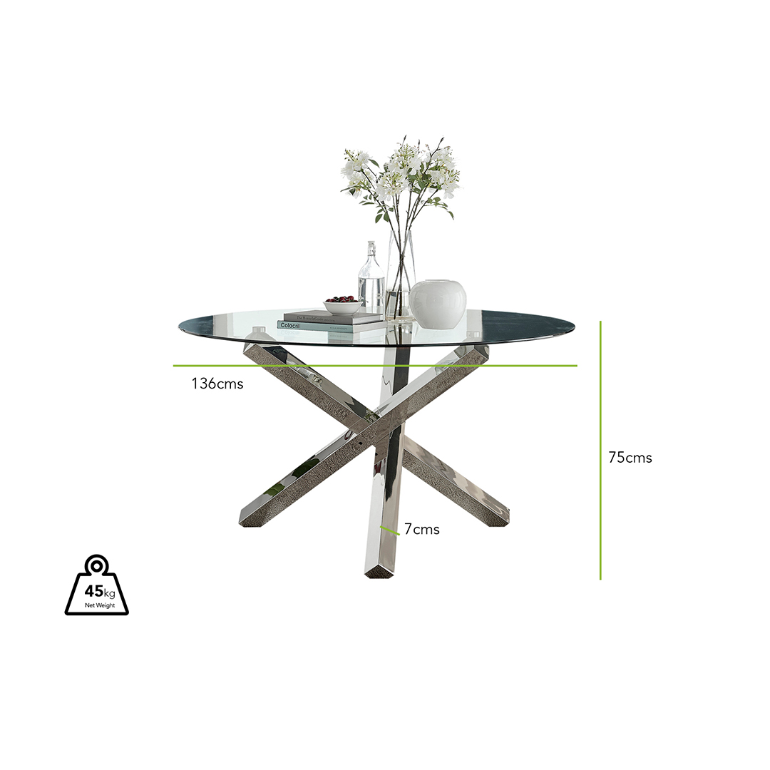 Vogue Round Glass and Silver Metal Large 6 Seater Dining Table