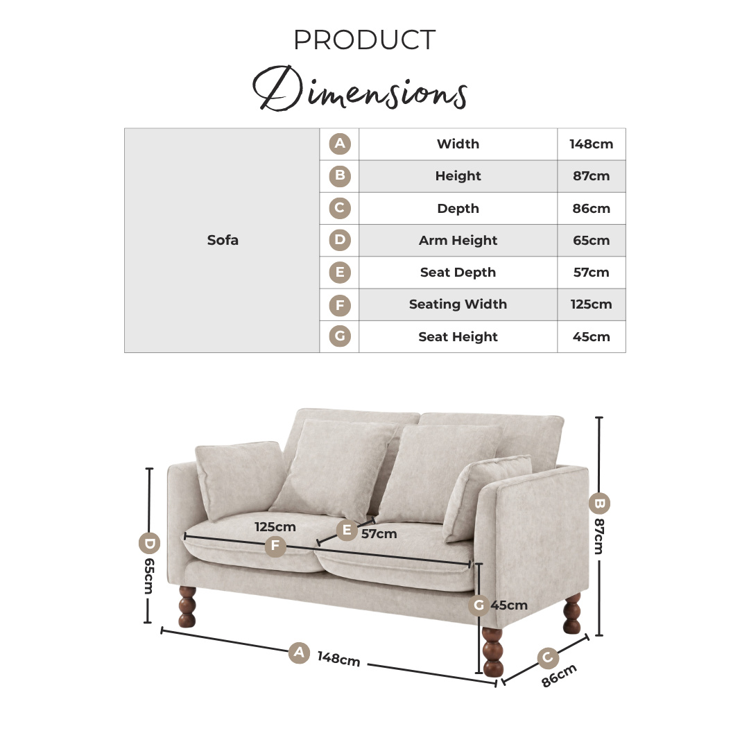 Monroe Beige Chenille Fabric 2 Seater Sofa