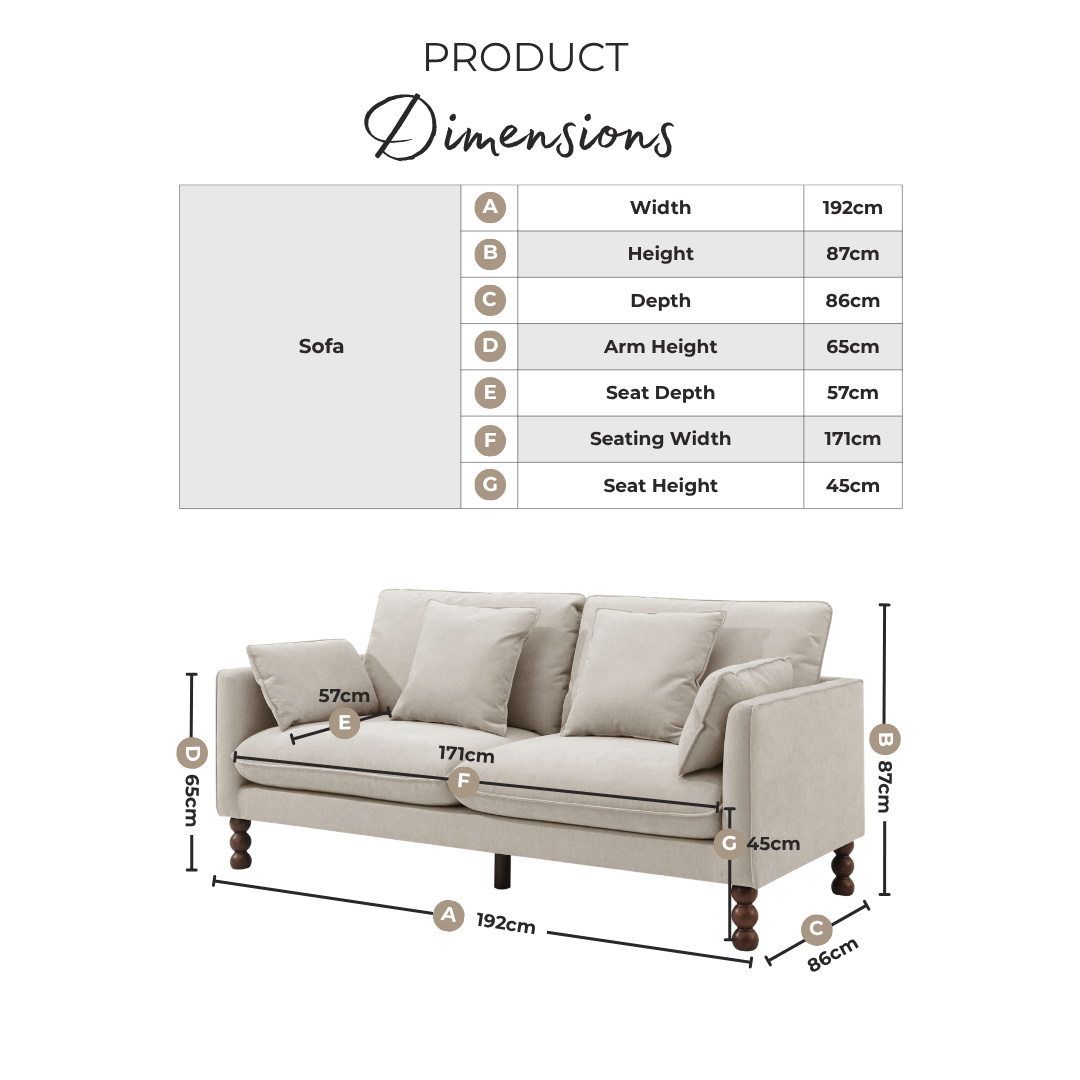 Monroe Beige Chenille Fabric 3 Seater Sofa