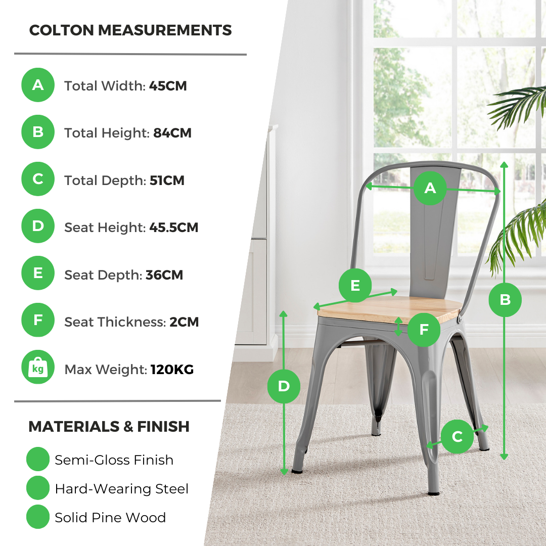 2x Colton Grey 'Tolix' Style Metal and Wood Dining Chairs