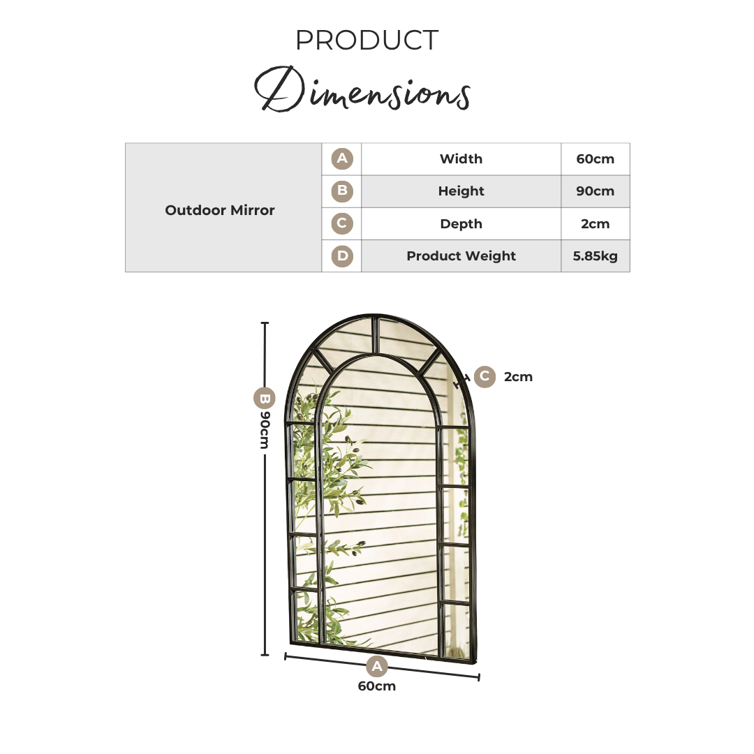 Winona Black Large Arched Window 90x60cm Garden Mirror