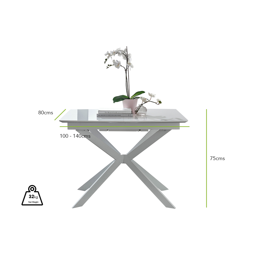 Lira Rectangular White High Gloss and Metal Extending 4-6 Seater Dining Table
