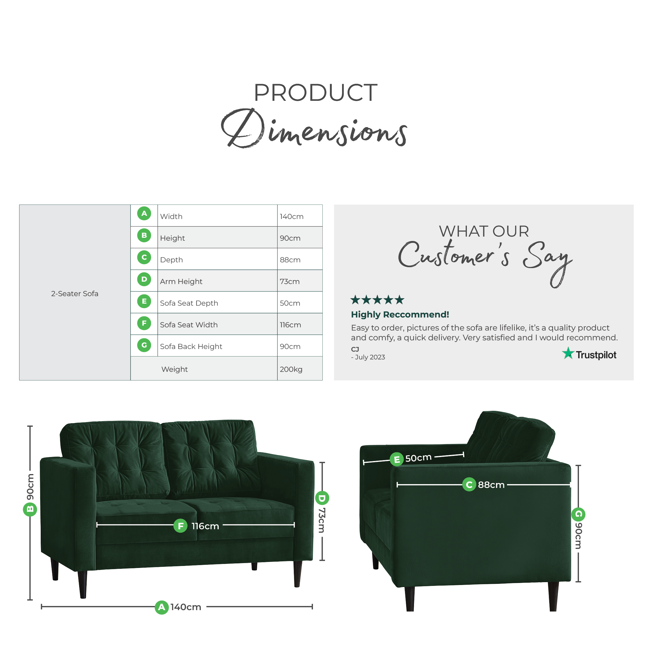 Jolene Emerald Green Velvet 2 Seater Sofa
