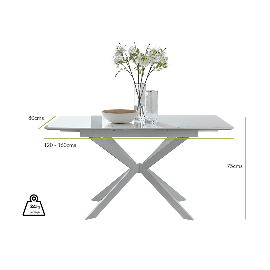 Lira Rectangular White High Gloss and Metal Extending 6 Seater Dining Table