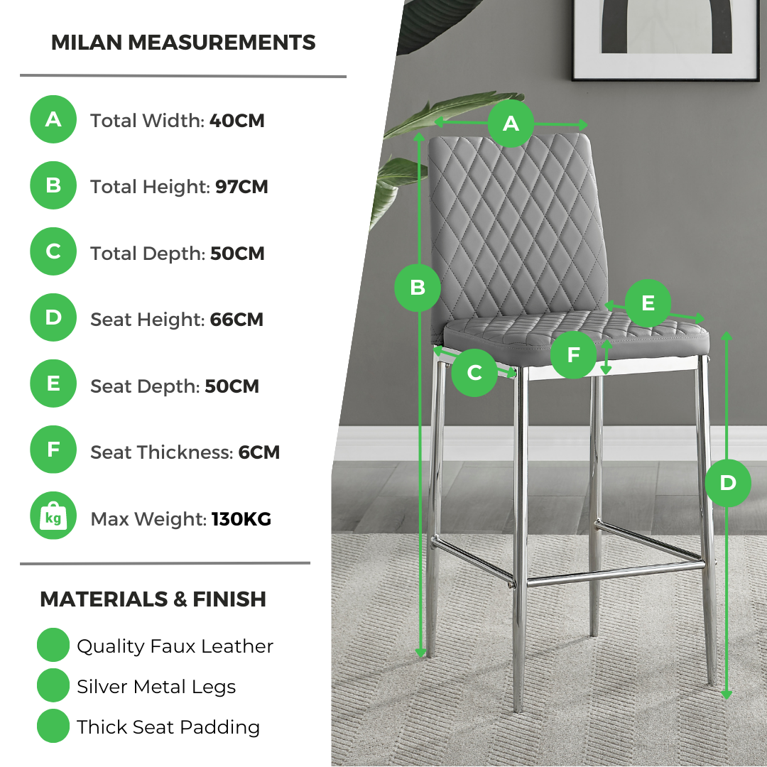 2x Milan Grey Faux Leather Counter Stools Silver Legs