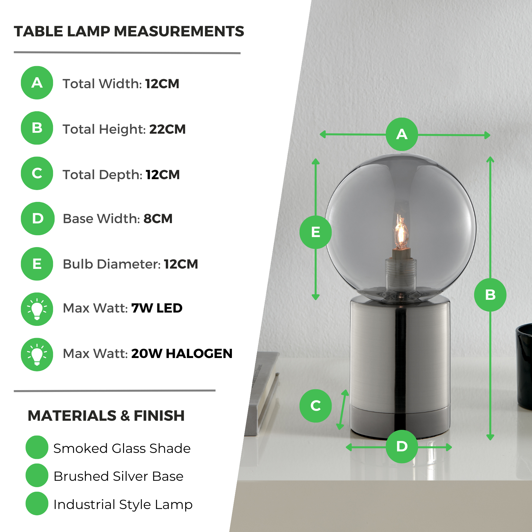 Hattie Smoked Glass & Silver Industrial Dimmable Table Lamp