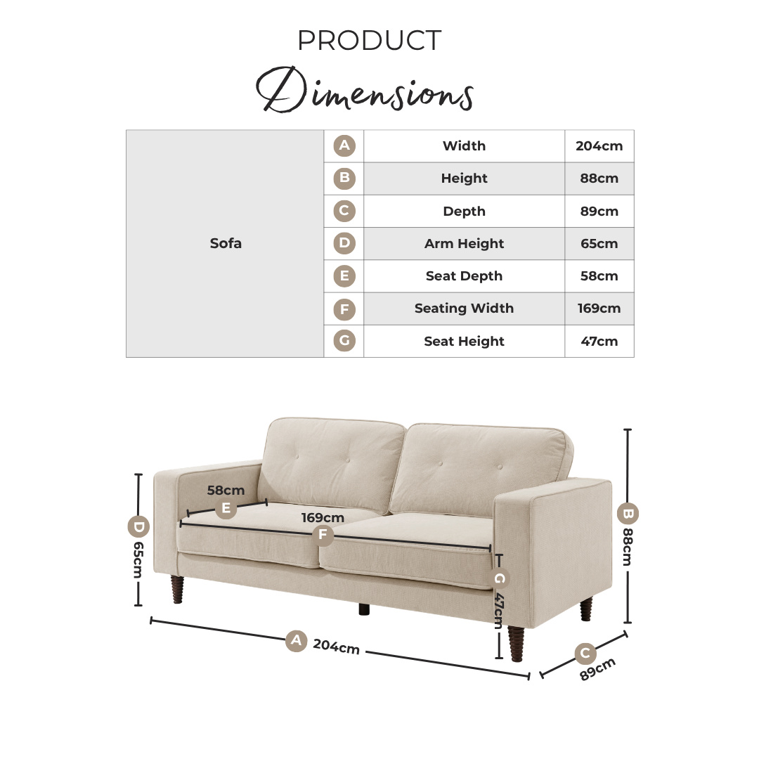 Jasper Cream Linen-Look Fabric 3 Seater Sofa