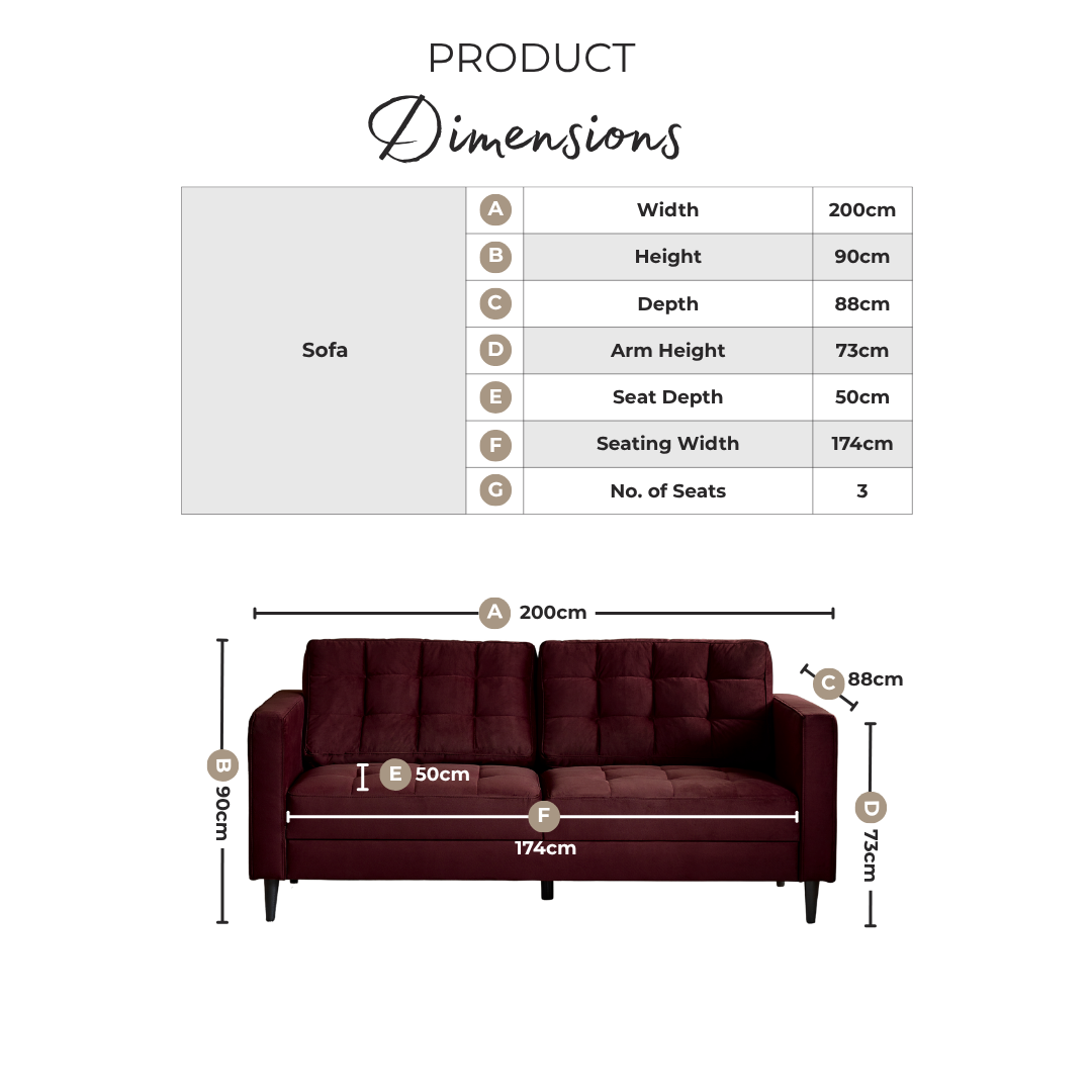Jolene Maroon Velvet 3 Seater Sofa