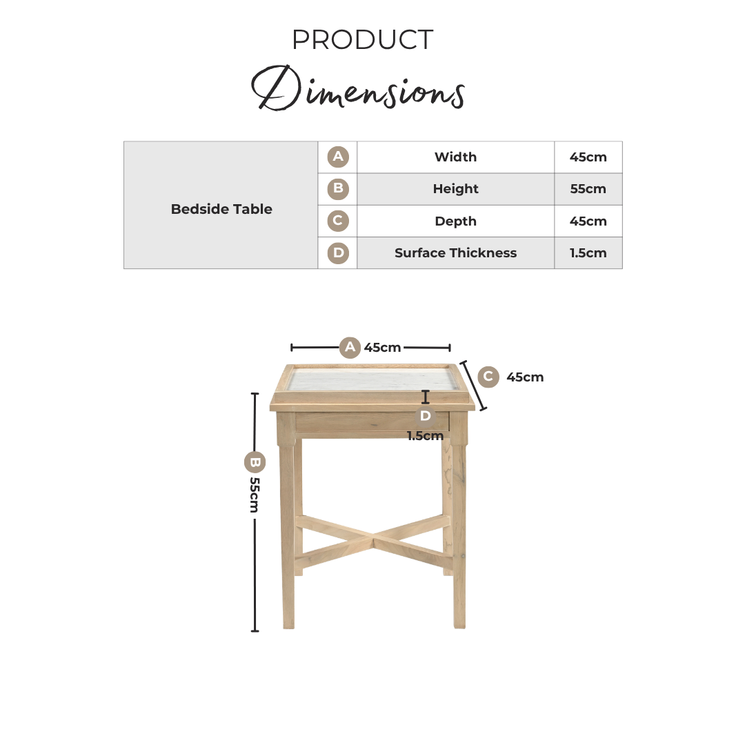 Pyrenees Square White Oak Wood & Marble Bedside Table