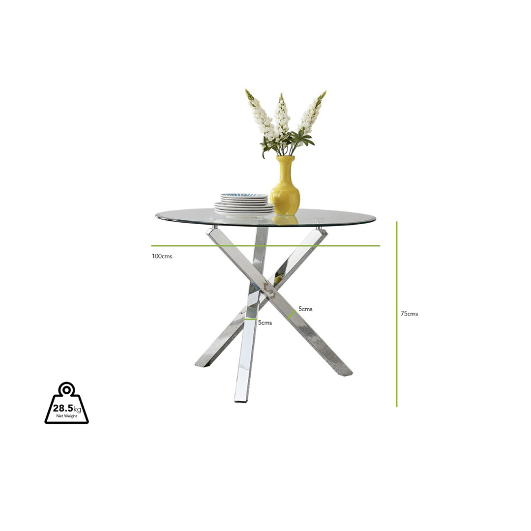 Selina Round Glass and Silver Square Leg Metal 4 Seater Dining Table