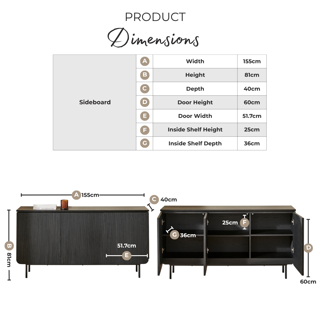 Penrose Black Wood 3 Door Large Sideboard