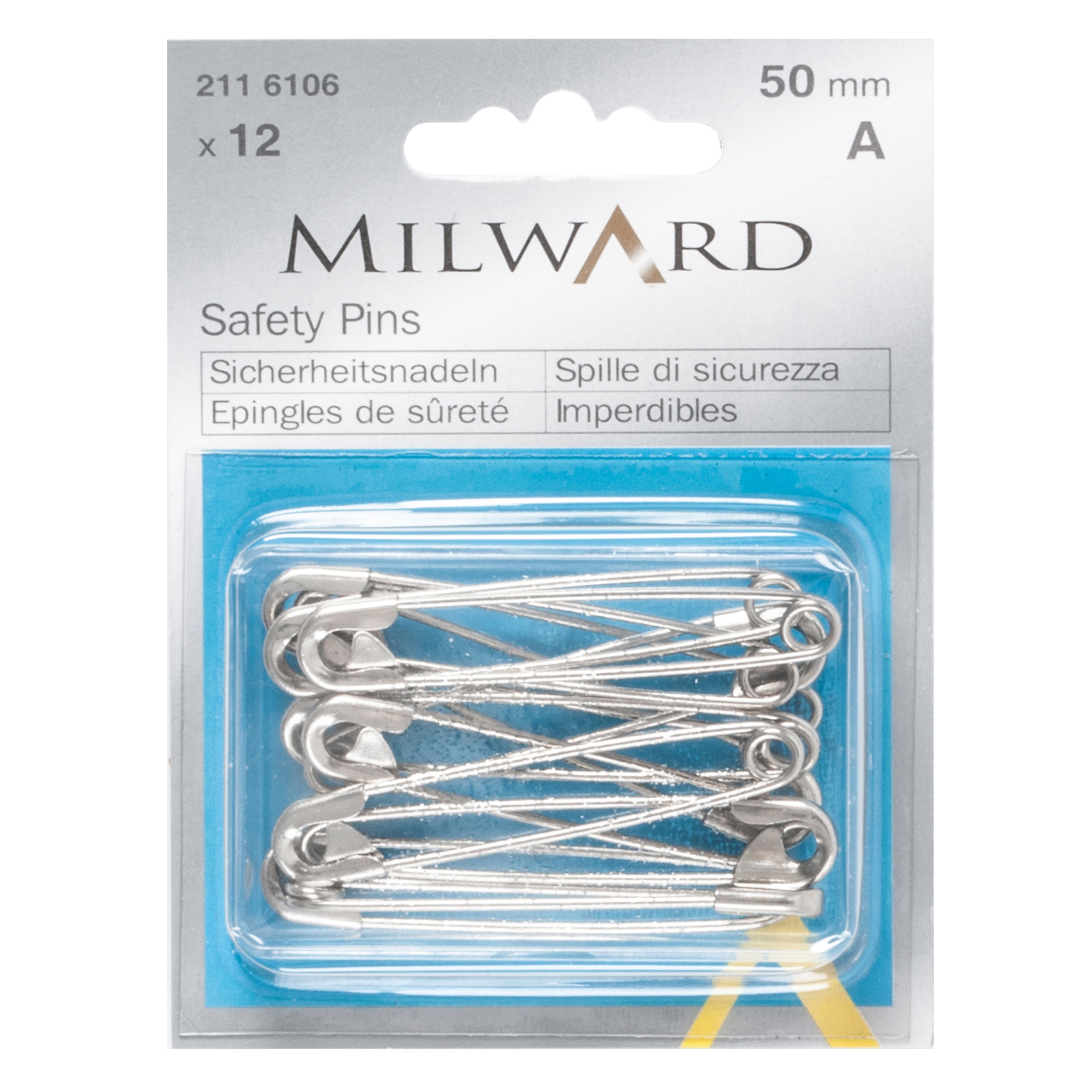 Safety Pins: Silver: 50mm: 12 Pieces - Milward - Groves and Banks