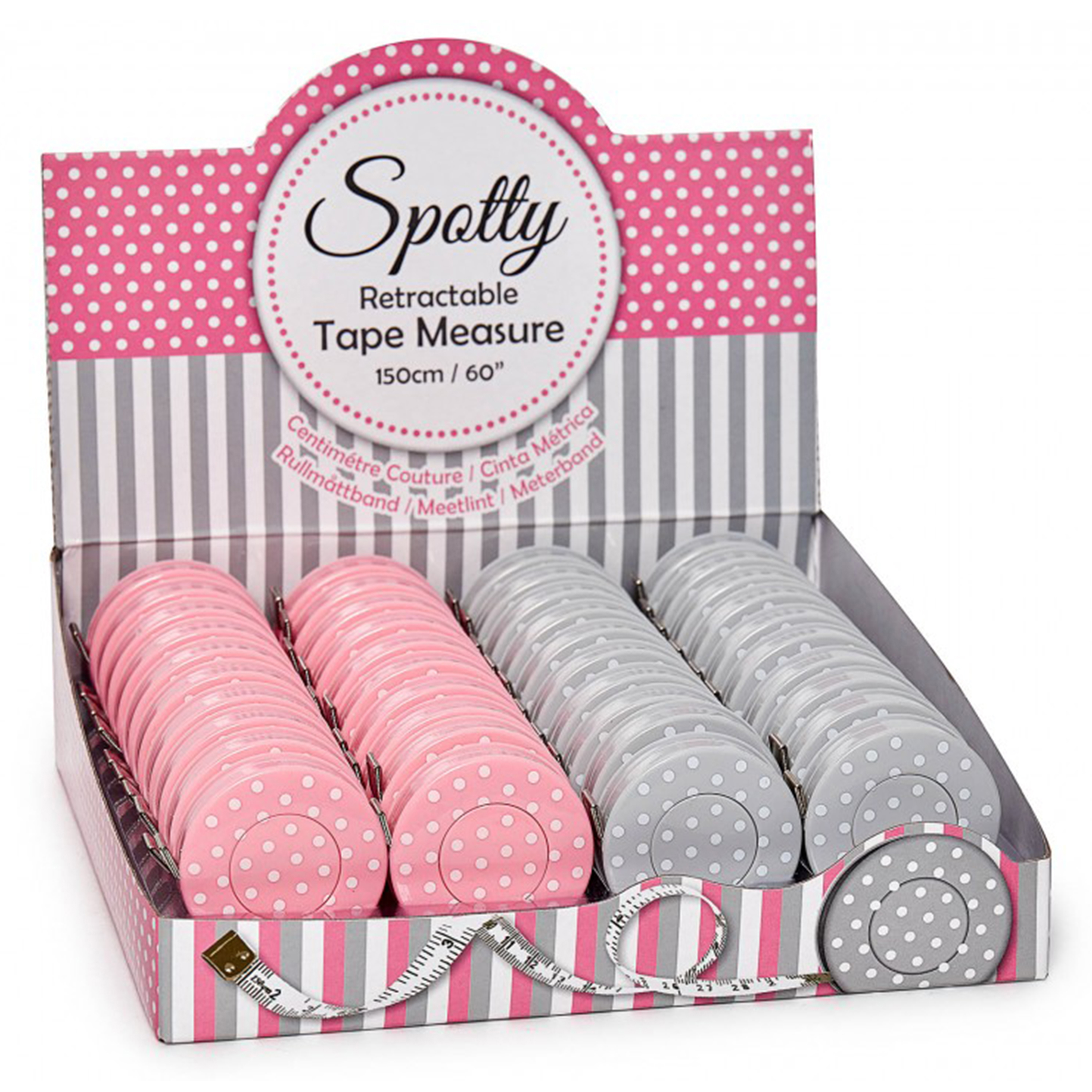 Picture of Counter Display Unit: Tape Measures: 150cm: Polka Dots: Grey & Pink: 40 Pieces