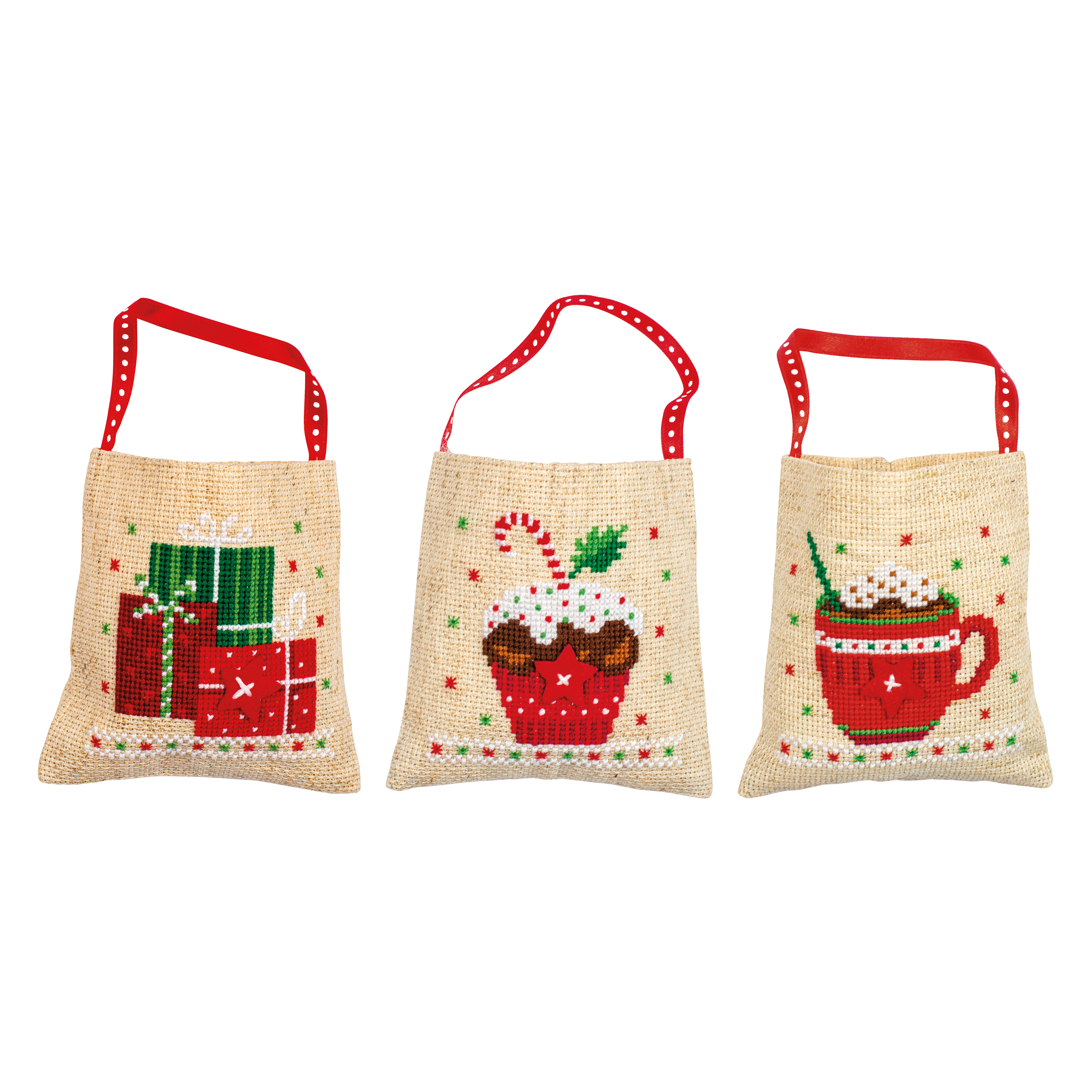 Counted Cross Stitch Kit: Draw String Gift Bags: Christmas Motifs: Set of 3  - Vervaco - Groves and Banks