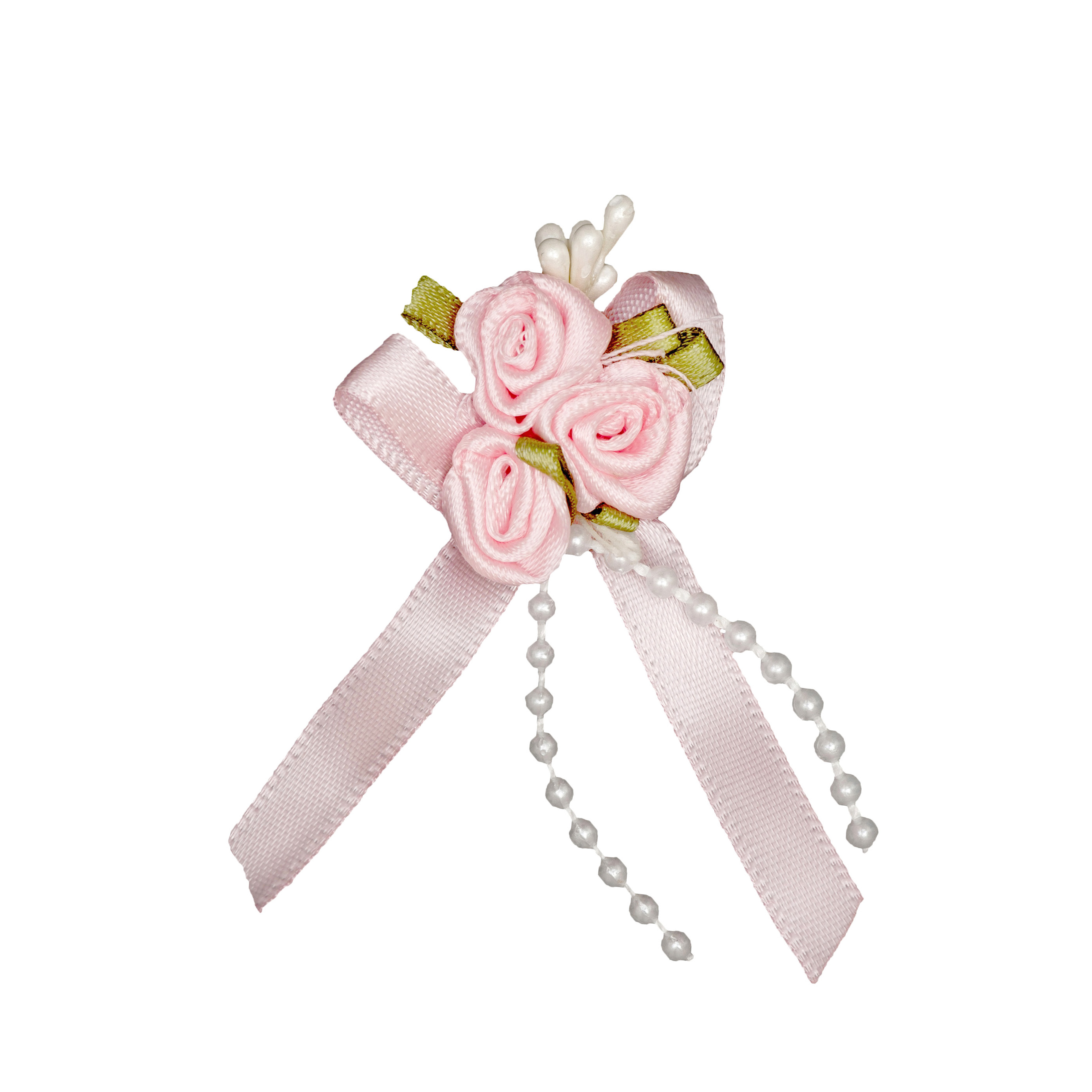 Rose: Trio On Bow With Beads And Green Leaves: Pale Pink - Trimits ...