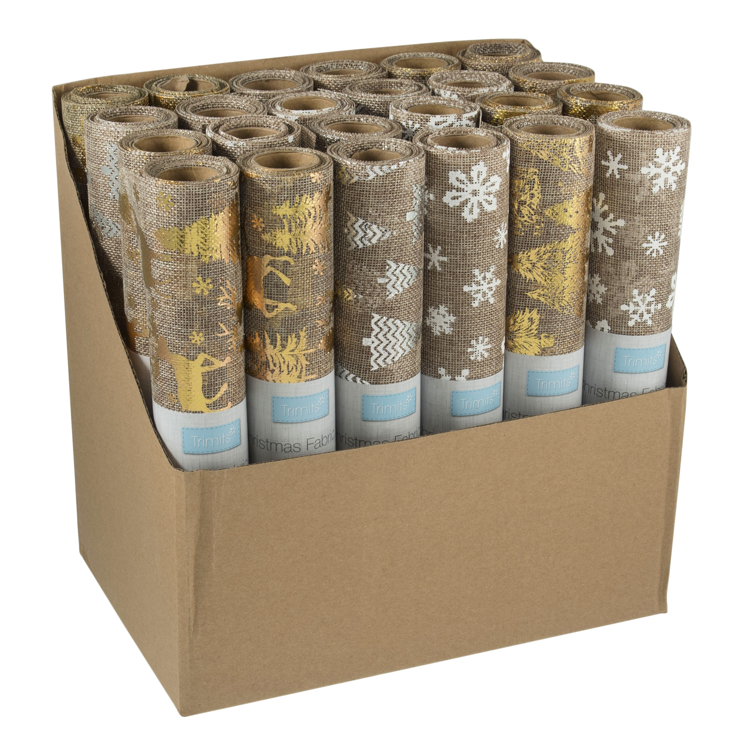Picture of Counter Display Unit: Christmas Fabric Roll: 2m x 28cm: 24 Rolls: White/Gold/Silver