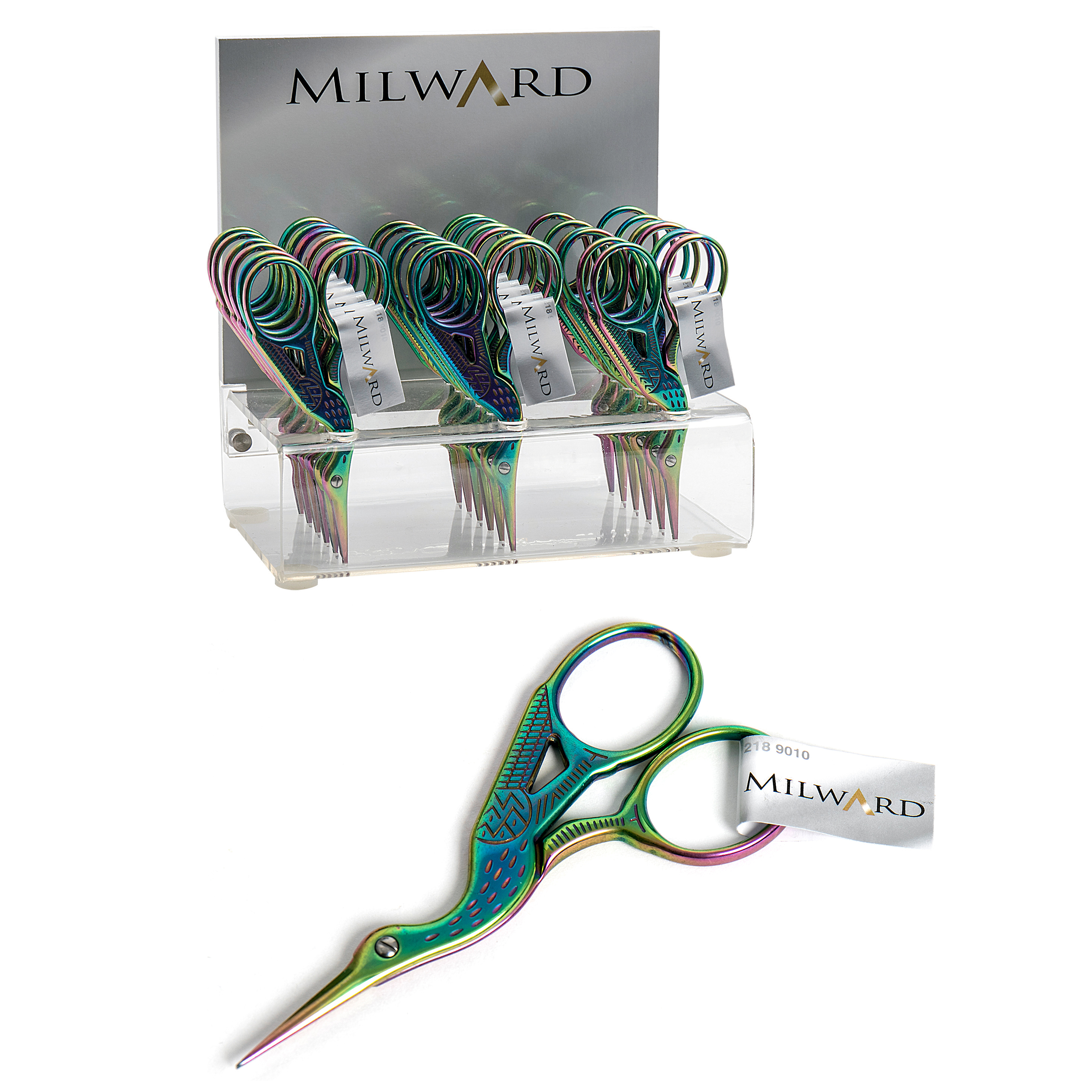 Picture of Counter Display Unit: Stork Embroidery Scissors: 9cm/3.5in: 18 Pieces: Rainbow