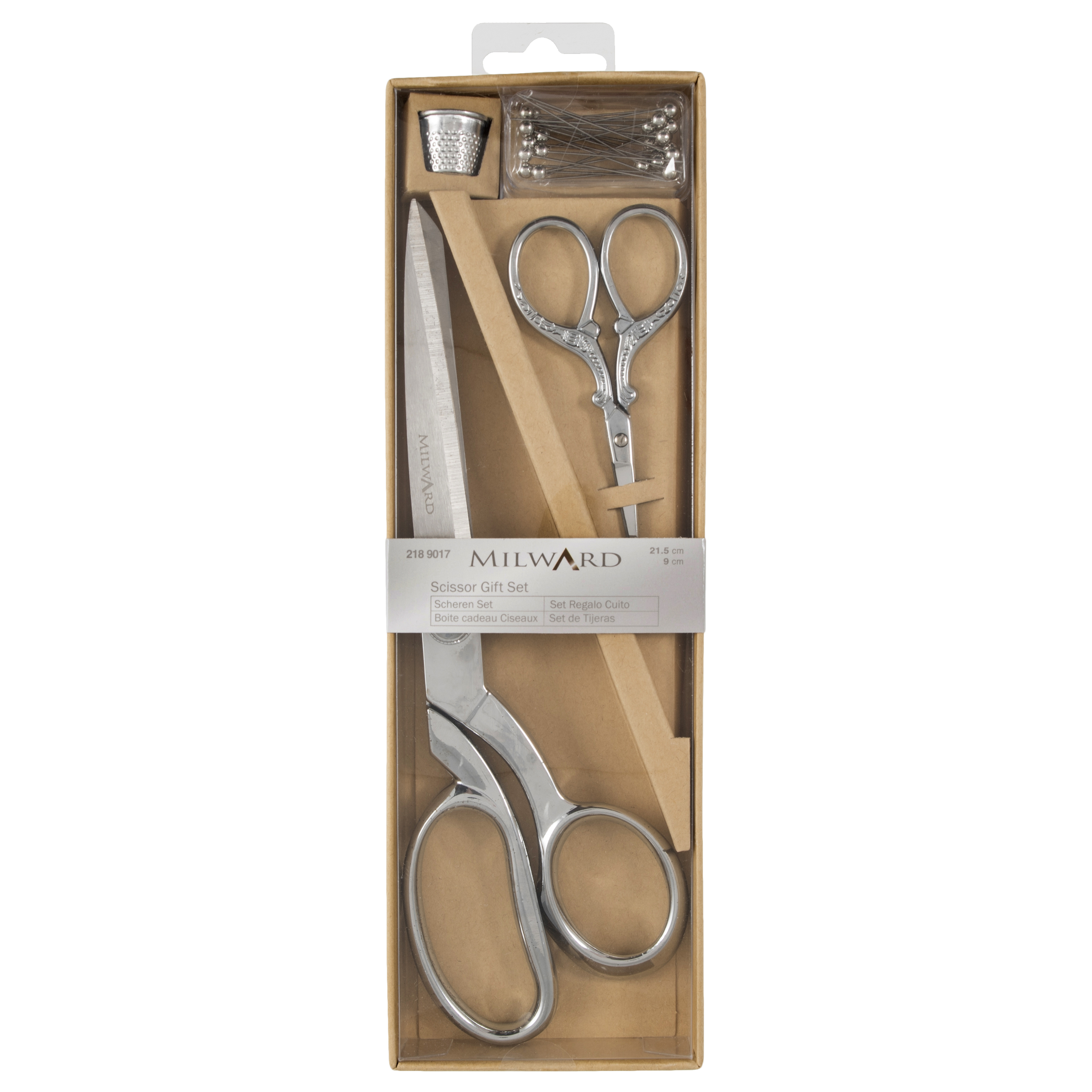 Picture of Scissors: Gift Set: Dressmaking (21.5cm) and Embroidery (9.5cm), Thimble & Pins: Silver