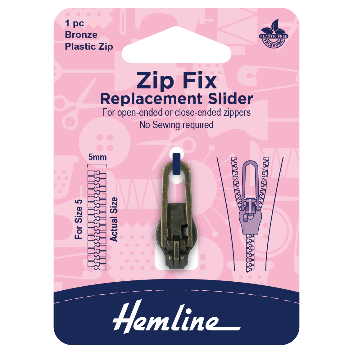 Zip Fix For Plastic Size 5 Bronze Hemline Groves and Banks