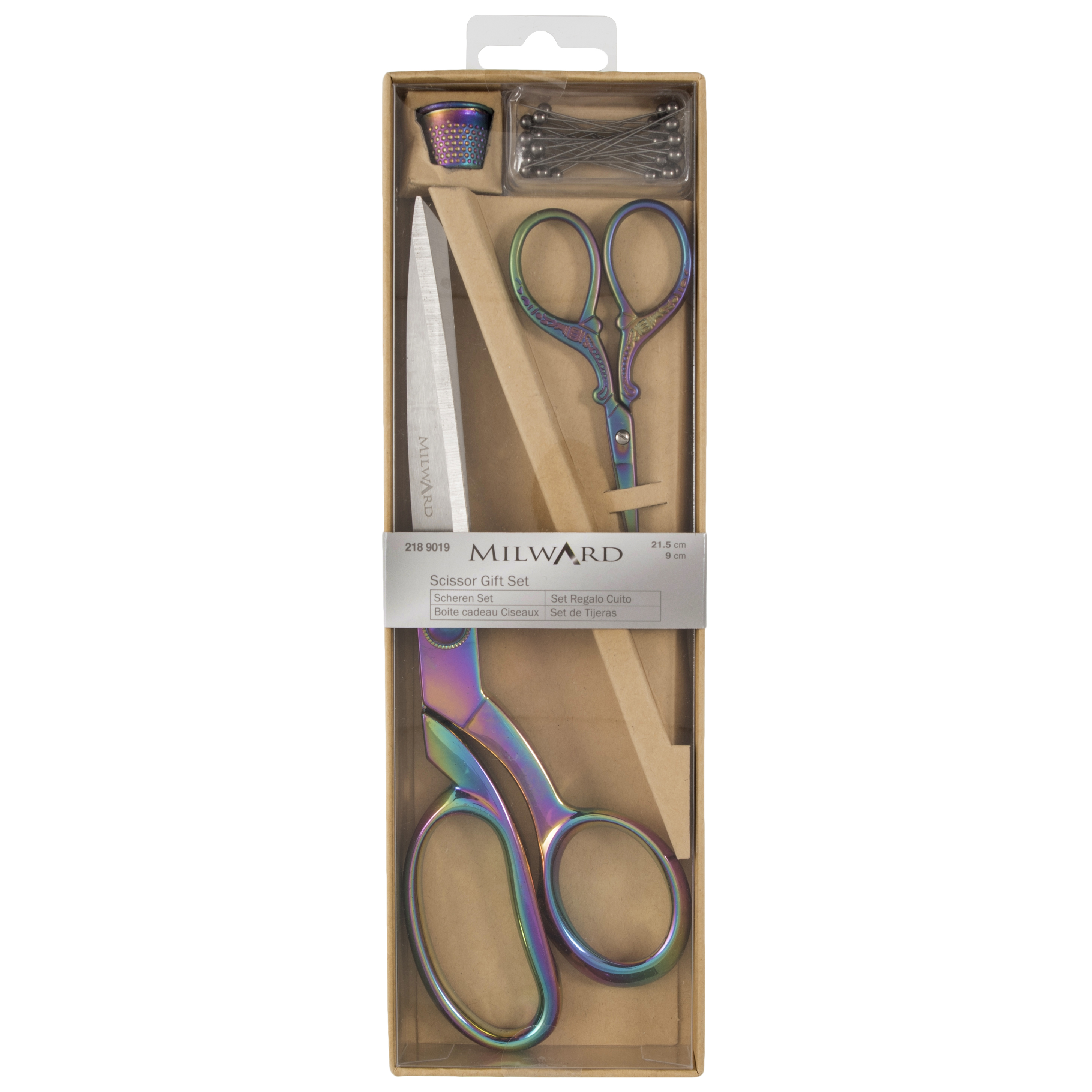 Picture of Scissors: Gift Set: Dressmaking (21.5cm) and Embroidery (9.5cm), Thimble & Pins: Rainbow