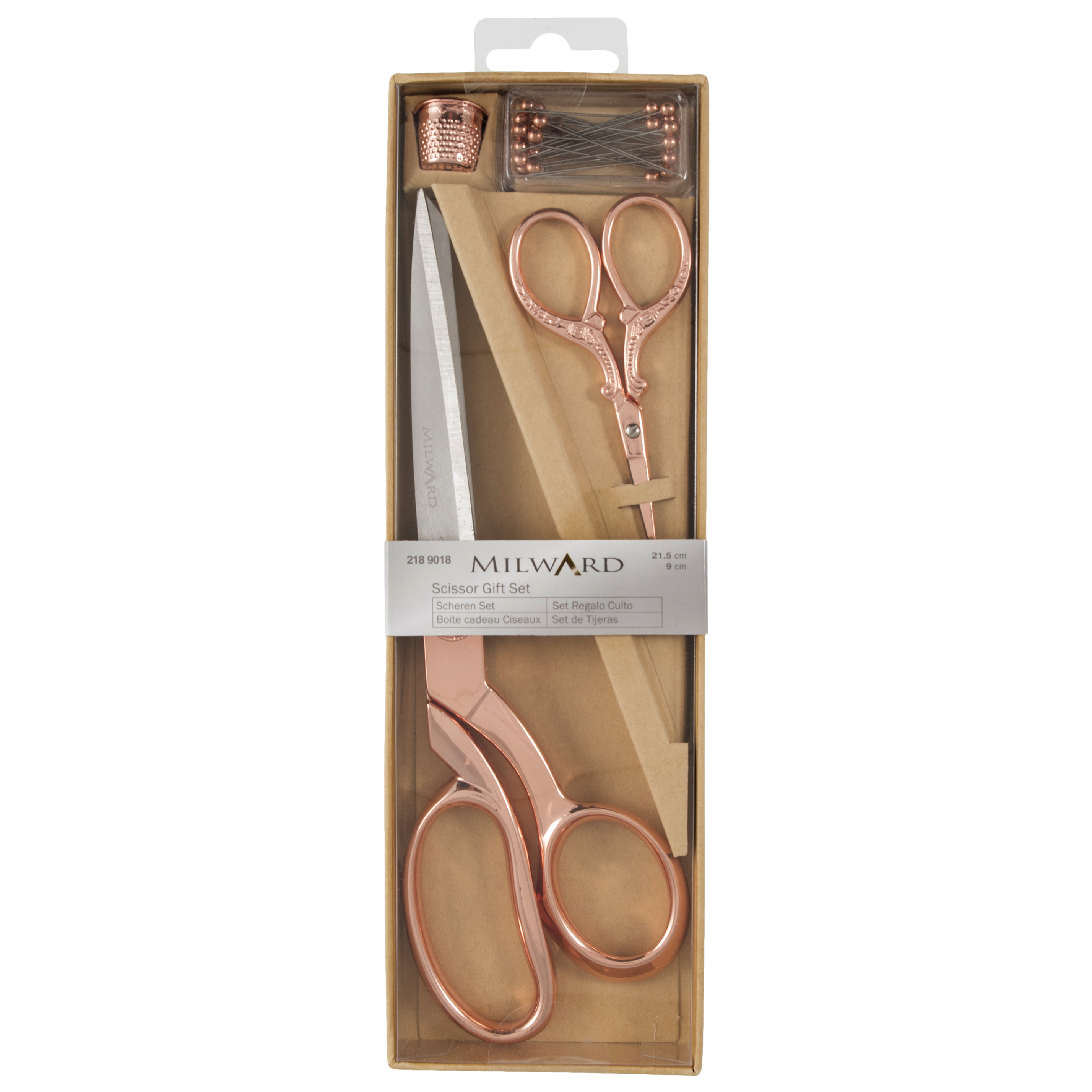 Picture of Scissors: Gift Set: Dressmaking (21.5cm) and Embroidery (9.5cm), Thimble & Pins: Rose Gold