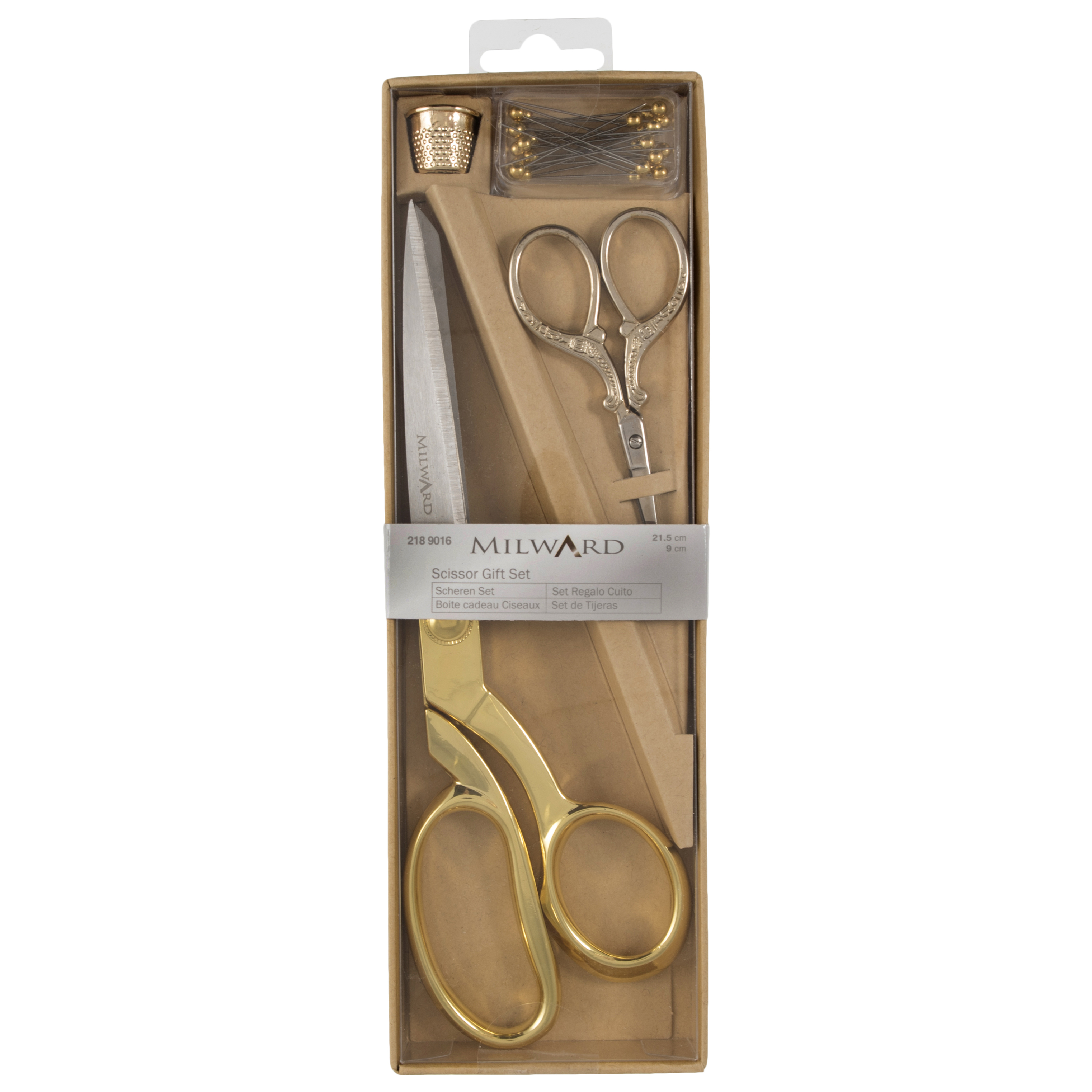 Picture of Scissors: Gift Set: Dressmaking (21.5cm) and Embroidery (9.5cm), Thimble & Pins: Gold
