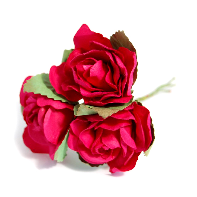 Flower: Rose Head With Stem & Leaves: Paper: 5.2cm: Pack Of 3: Fuchsia ...