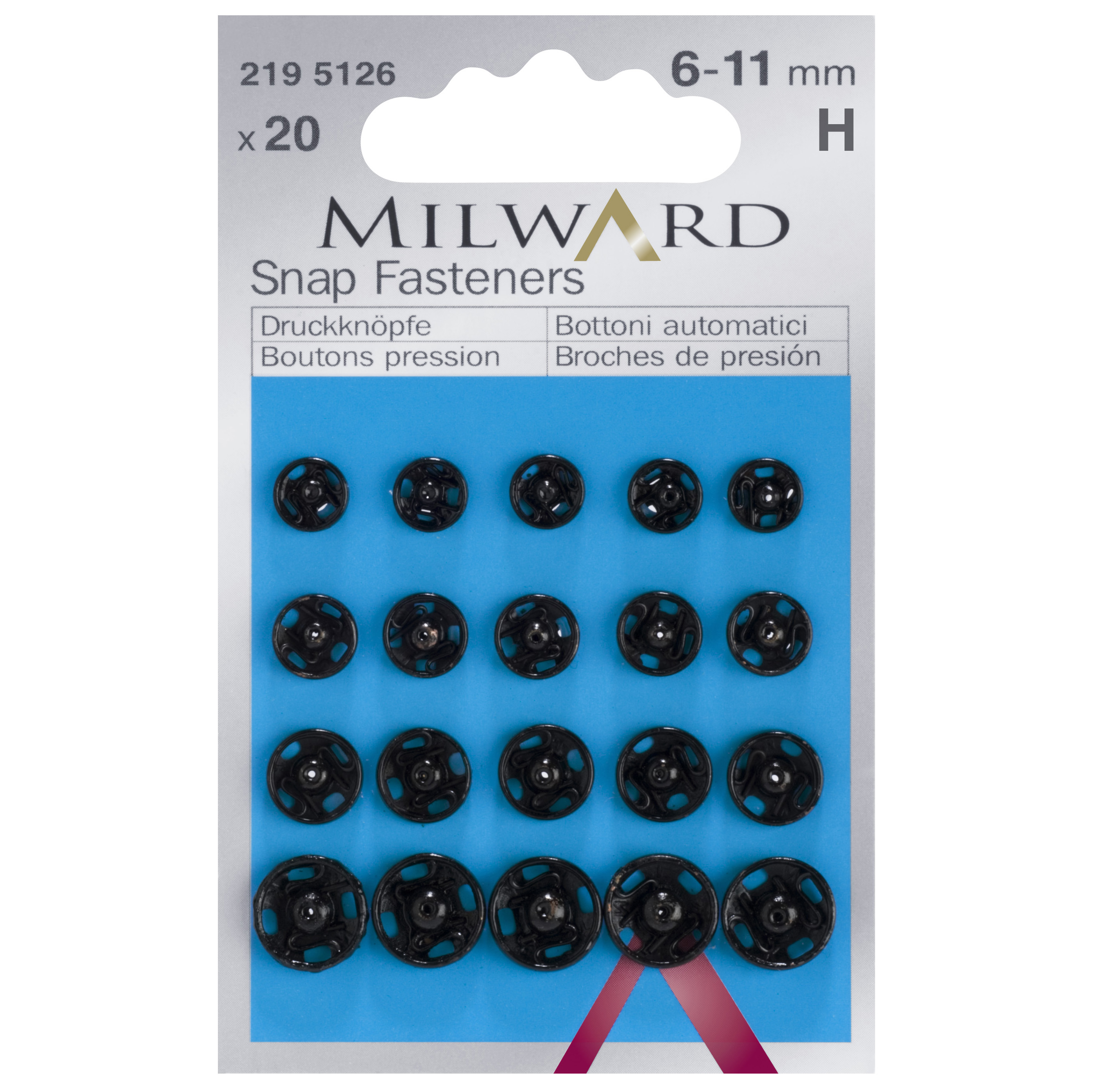 Snap Fasteners Black 611mm 20 Pieces Milward Groves and Banks