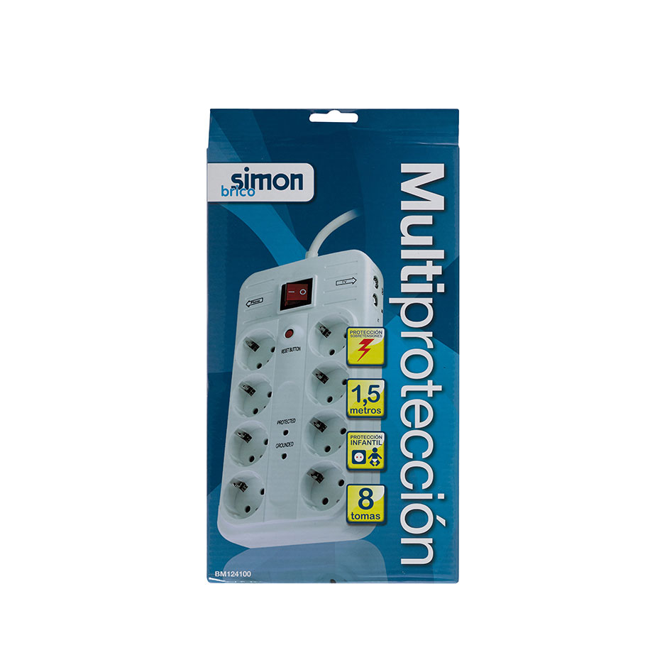 Base múltipla multiproteção branca com 8 tomadas de 16 A e 250 V~, 1,5 metros de cabo, H05VV-F 3G 1,5 mm² da 