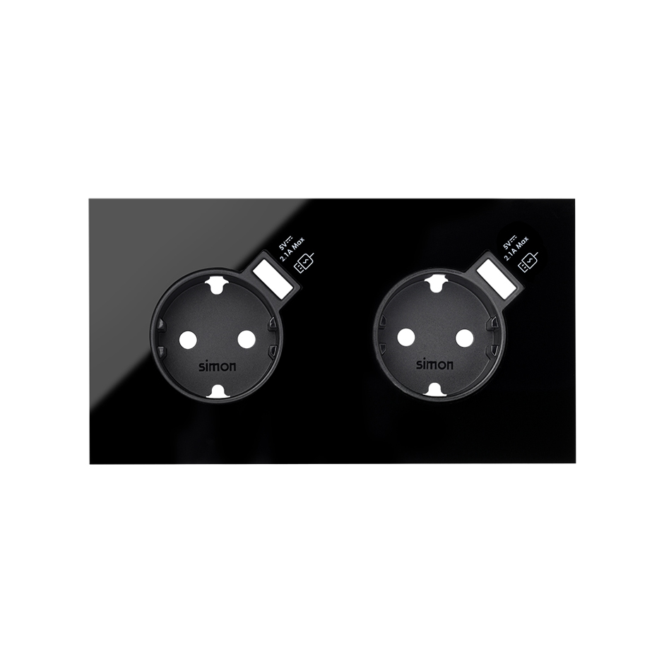 Кит на 2 поста, фронт: накладка на 2 розетки Schuko с з/у USB A цвета черный глянец Simon 100