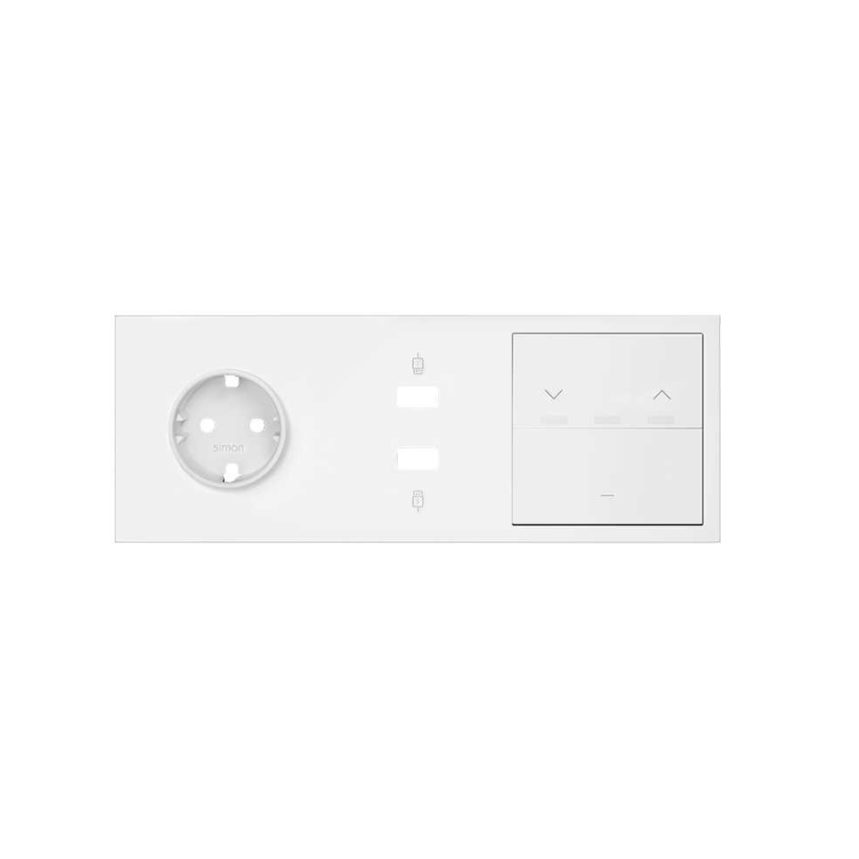 Kit avant pour 3 modules avec 1 prise Schuko, 2 prises USB, 1 touche pour volets et 1 touche simple blanc mat Simon 100
