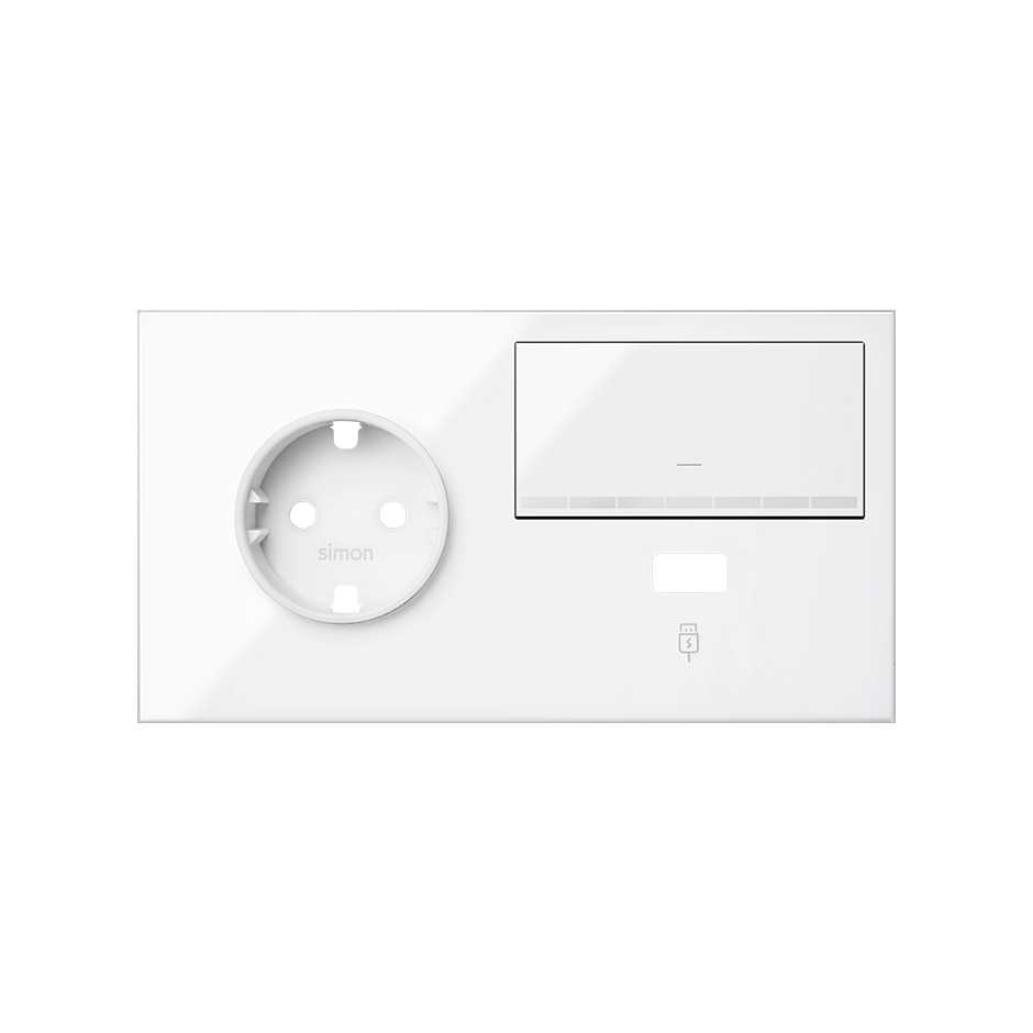 Horizontal front kit for 2 elements with 1 German socket outlet, 1 rocker and 1 USB charger gloss white Simon 100