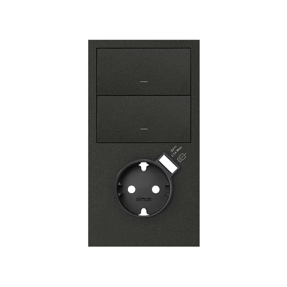 Кит на 2 поста, фронт: накладка вертикальная на 1 розетку Schuko с з/у USB A + 2 клавиши выключателей цвета черный матовый Simon 100