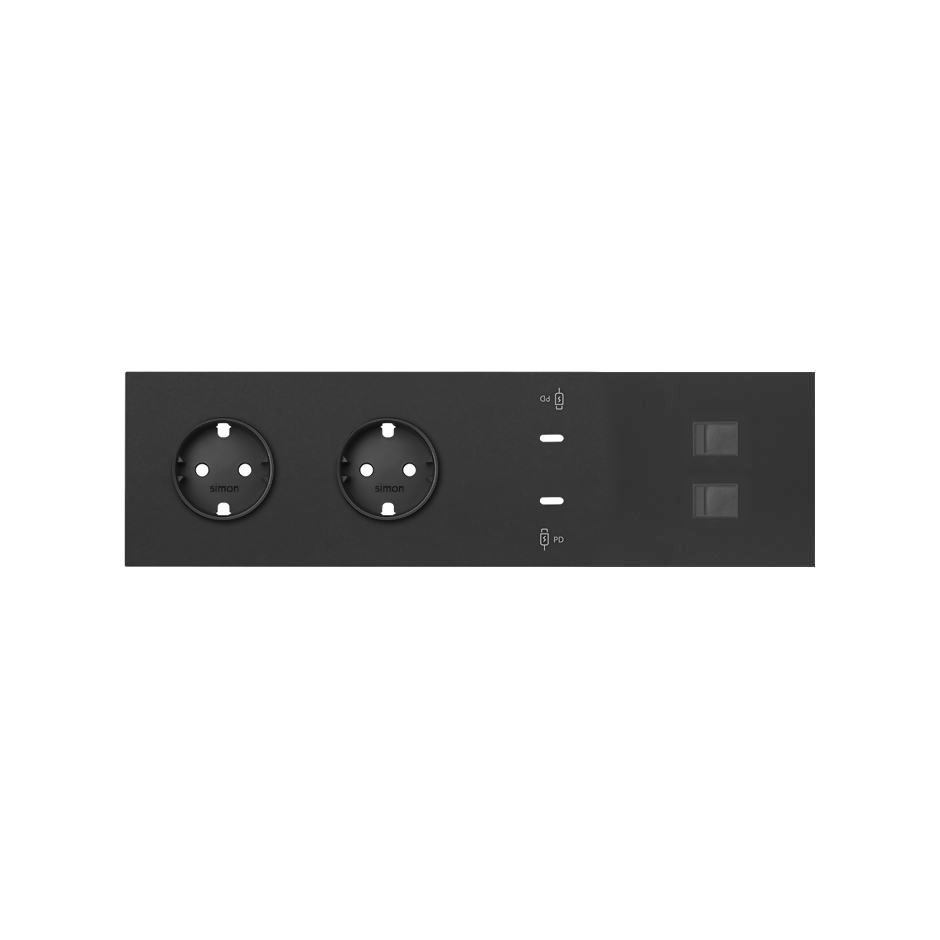 Кит на 4 поста, фронт: накладка на 2 розетки Schuko + 2 з/у USB C + 2 розетки RJ45 цвета черный матовый Simon 100