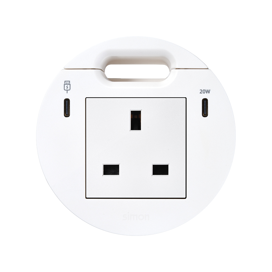 Kit Flash 90 composé du prise de courant modulaire britannique, Dock USB C avec 1x HDMI + LAN + 3x USB Type A, chargeur USB type C de 20W et sortie de câblage blanc Simon K45