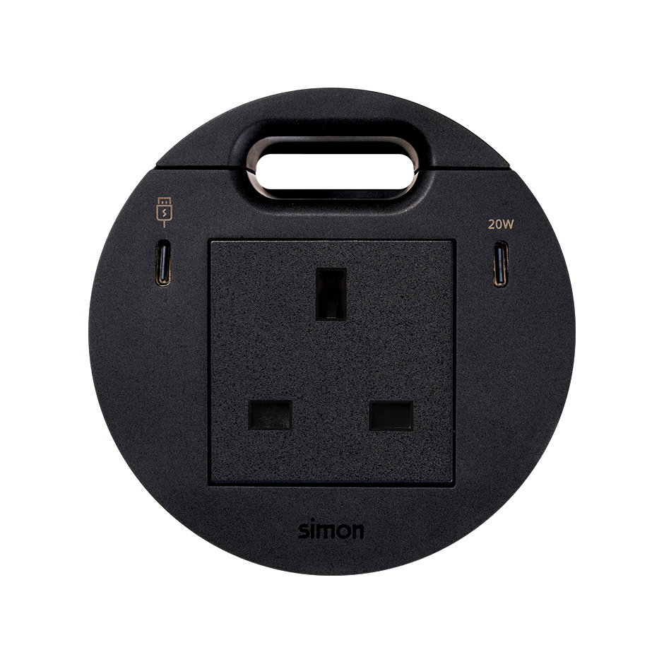 Kit Flash 90 consisting of british modular power socket, USB Type C Dock including 1x HDMI + LAN + 3x USB Type A, USB charger Type C 20W and grommet (cable outlet) black Simon K45