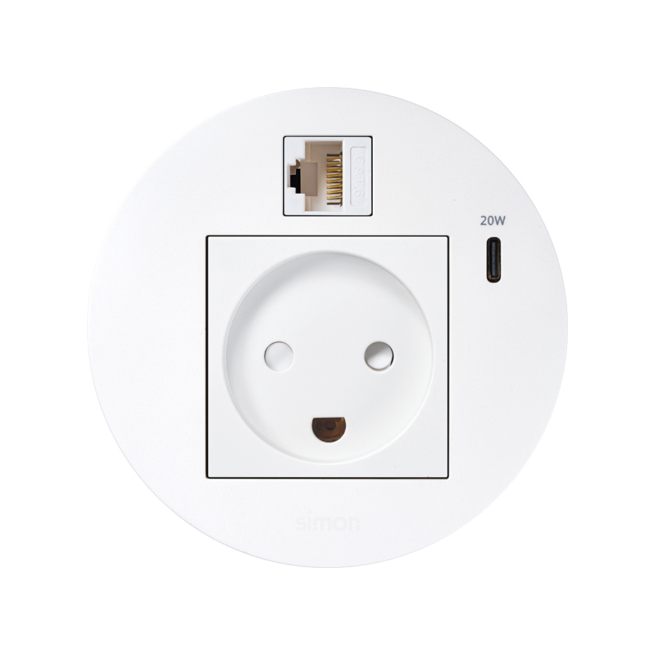 Kit Flash 90 consisting of danish modular power socket, USB charger Type C 20W and RJ45 female-female data connector category 6 UTP white Simon K45