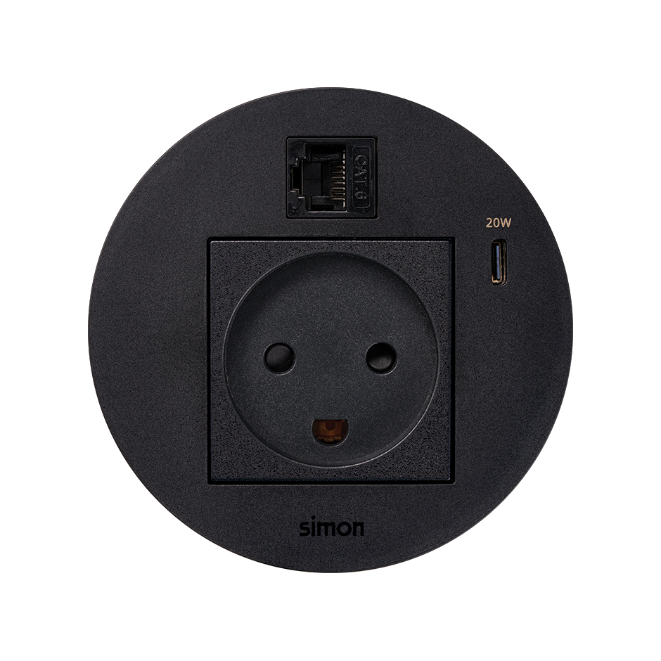 Kit Flash 90 composé du prise de courant modulaire danoise, chargeur USB type C de 20W et connecteur RJ45 Catégorie 6 UTP femelle-femelle avec clipsage Keystone noir Simon K45