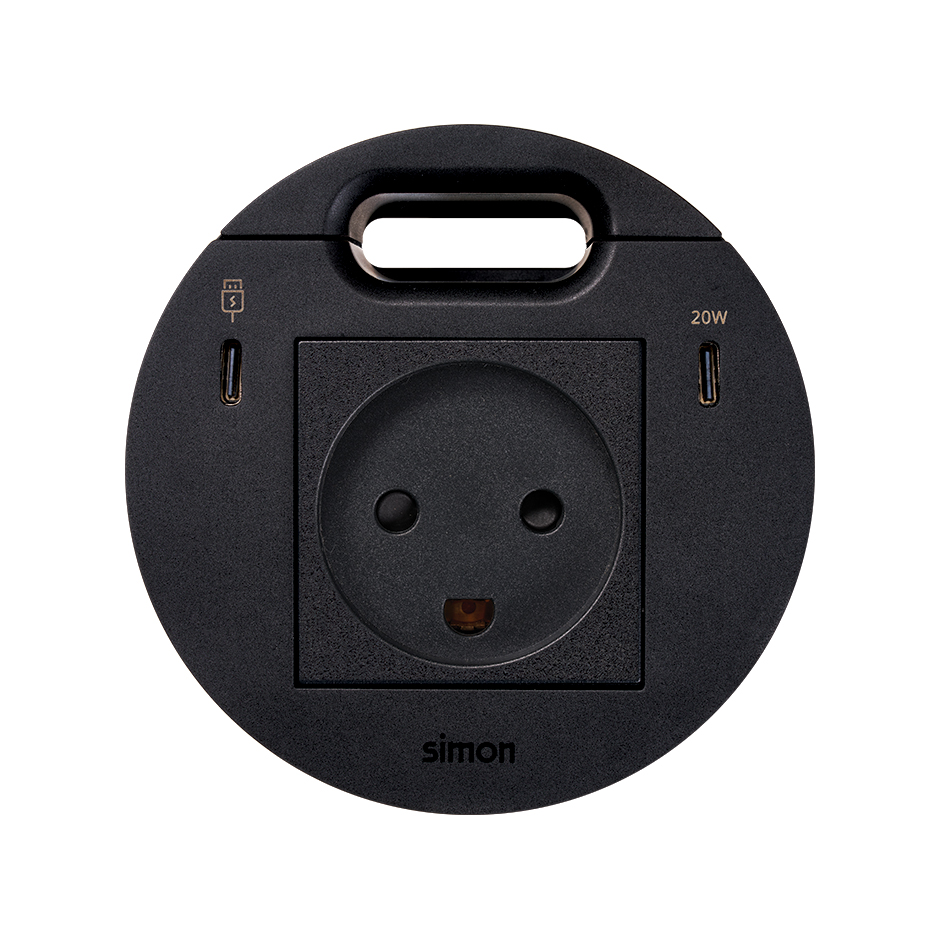Kit Flash 90 consisting of danish modular power socket, USB Type C Dock including 1x HDMI + LAN + 3x USB Type A, USB charger Type C 20W and grommet (cable outlet) black Simon K45