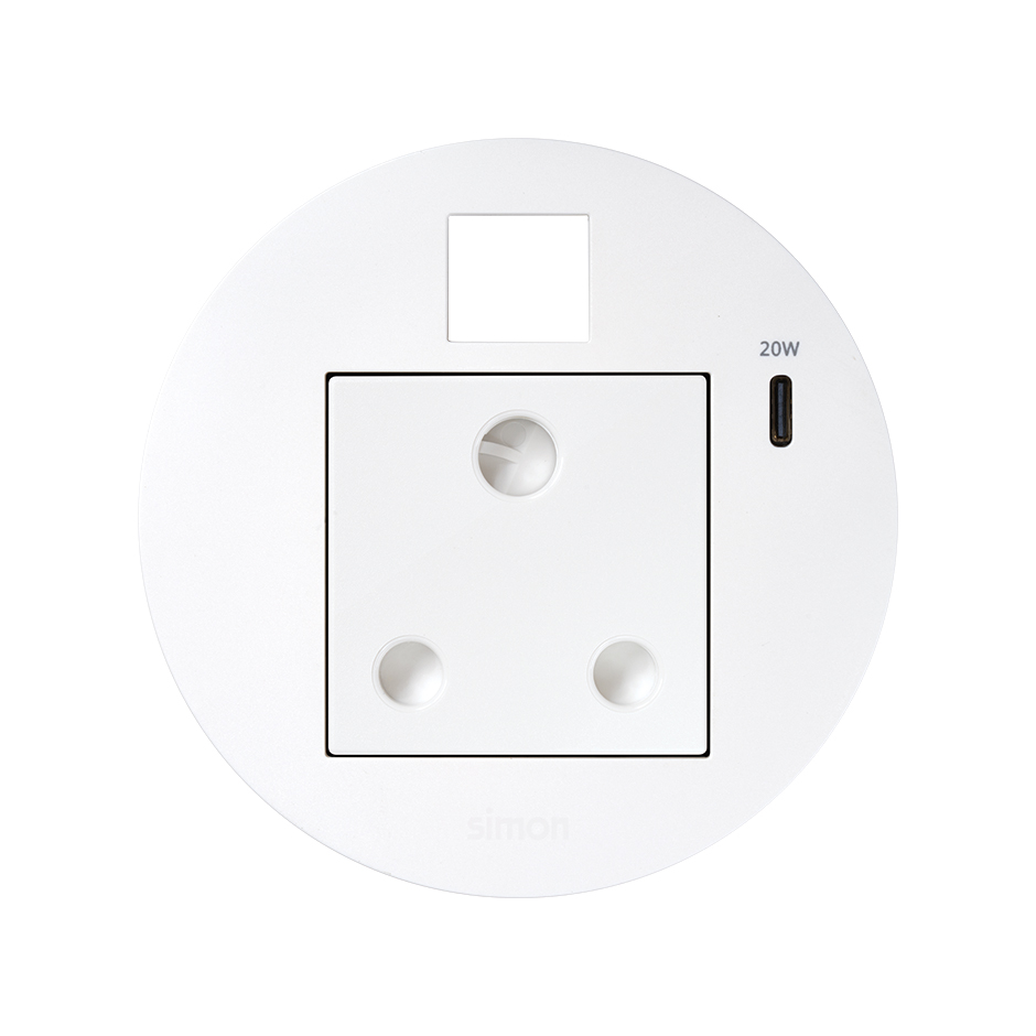 Kit Flash 90 consisting of south african modular power socket, USB charger Type C 20W and housing for Keystone connector white Simon K45