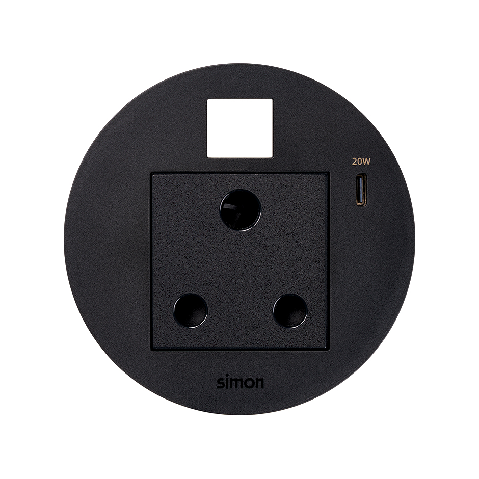 Kit Flash 90 consisting of south african modular power socket, USB charger Type C 20W and housing for Keystone connector black Simon K45