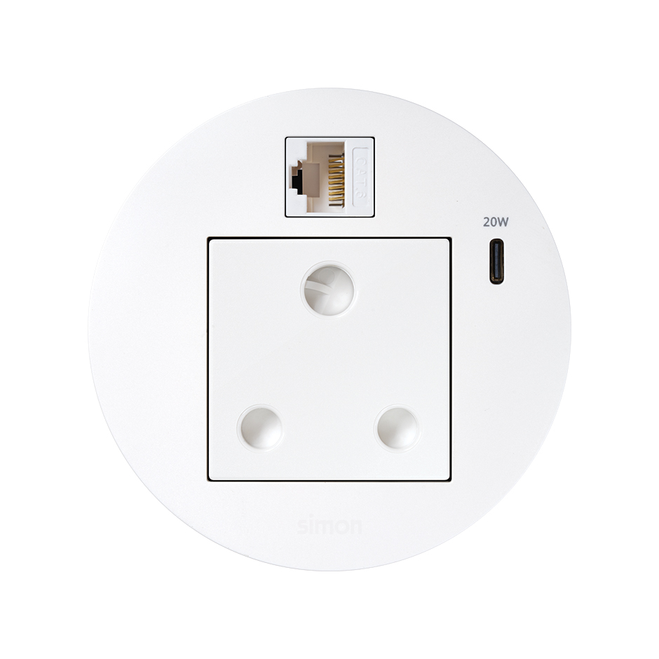 Kit Flash 90 consisting of south african modular power socket, USB charger Type C 20W and RJ45 female-female data connector category 6 UTP white Simon K45