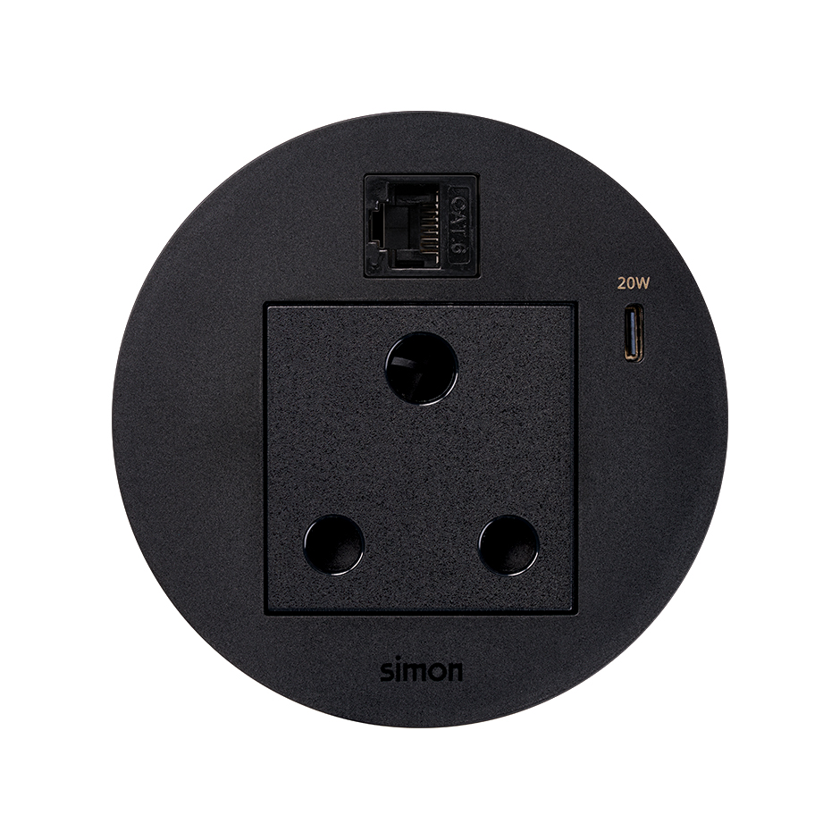 Kit Flash 90 consisting of south african modular power socket, USB charger Type C 20W and RJ45 female-female data connector category 6 UTP black Simon K45