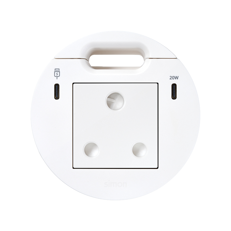 Kit Flash 90 composto por tomada elétrica modular sul-africana, Dock USB C com 1x HDMI + LAN + 3x USB Tipo A, carregador USB tipo C 20W e saída de cabeamento branco Simon K45
