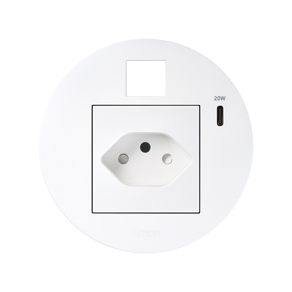 Kit Flash 90 composé du prise de courant modulaire suisse, chargeur USB type C de 20W et logement pour connecteur avec clipsage Keystone blanc Simon K45