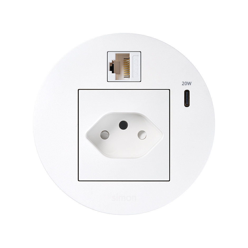 Kit Flash 90 consisting of swiss modular power socket, USB charger Type C 20W and RJ45 female-female data connector category 6 UTP white Simon K45