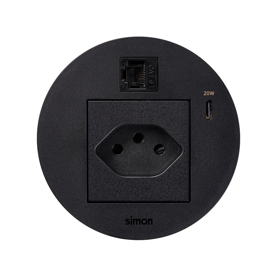 Kit Flash 90 consisting of swiss modular power socket, USB charger Type C 20W and RJ45 female-female data connector category 6 UTP black Simon K45