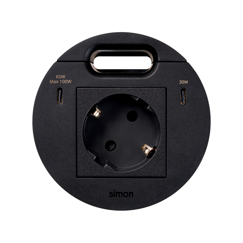 Kit Flash 90 consisting of schuko modular power socket, USB charger Type C 100W (distributed in 65+30W if connected at the same time) and grommet (cable outlet) black Simon K45